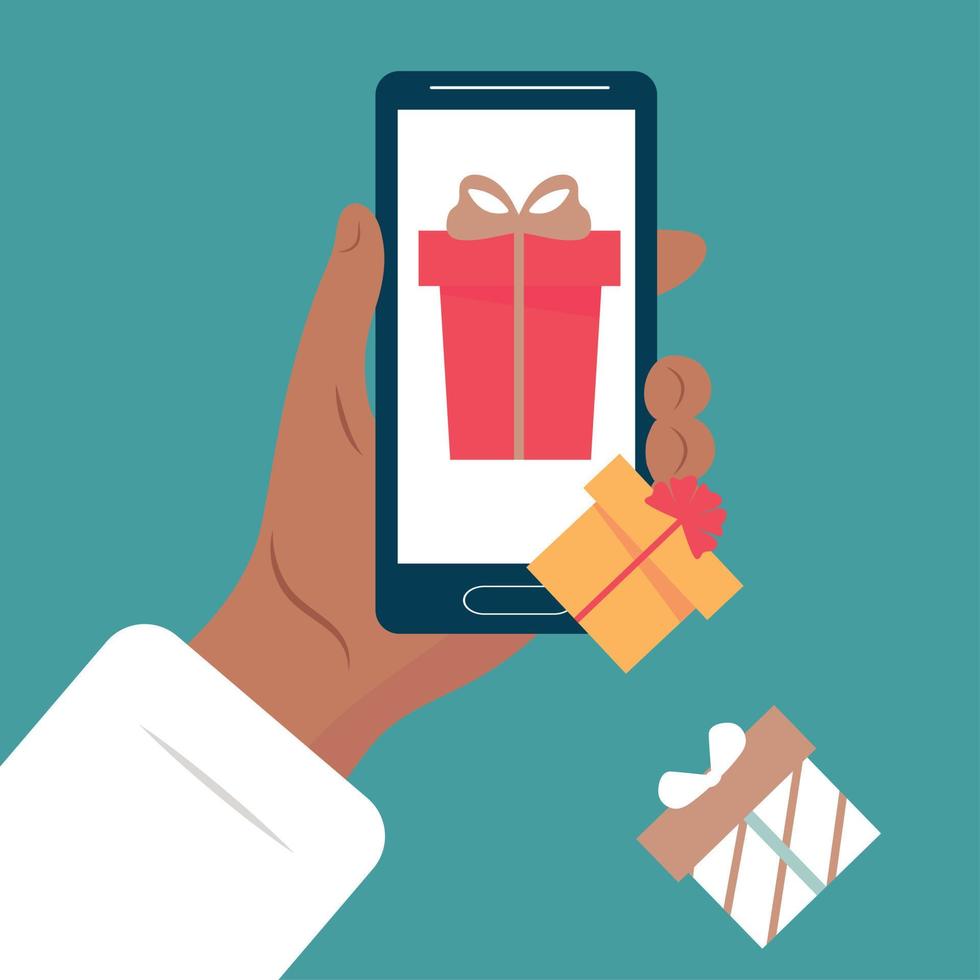 Wählen Sie ein Geschenk für den Urlaub im Online-Shop mit einem Smartphone aus. Vektor. vektor