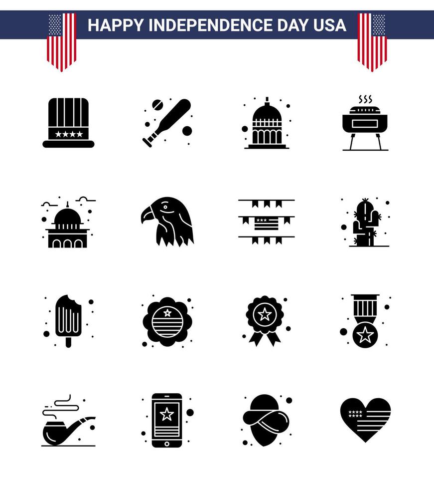 Stock Vector Icon Pack von American Day 16 Solid Glyph Zeichen und Symbolen für Wahrzeichen Gebäude Indianapolis Feiertagsfeier editierbare Usa Day Vektor Design Elemente