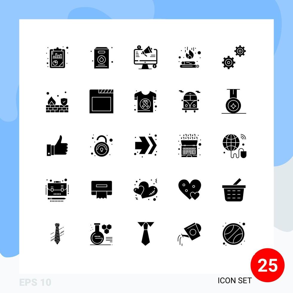 redigerbar vektor linje packa av 25 enkel fast glyfer av kugghjul flamma social media brand lägereld redigerbar vektor design element