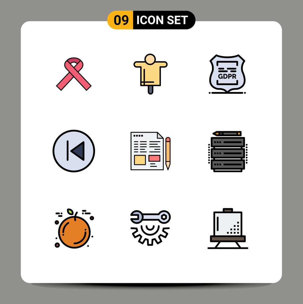 9 universell fylld linje platt färger uppsättning för webb och mobil tillämpningar musik pilar data Integritet pil vänster privat redigerbar vektor design element