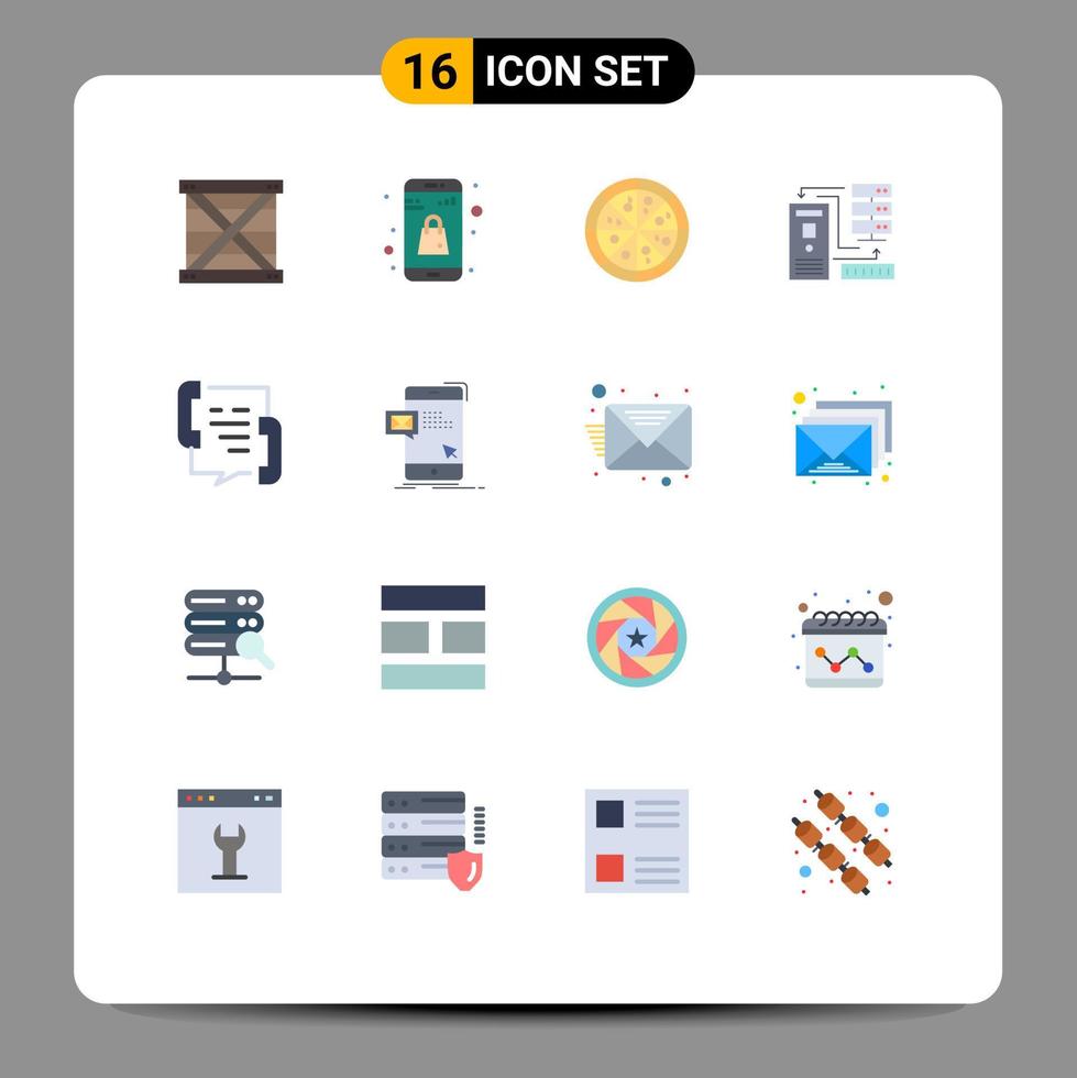 Flaches Farbpaket mit 16 universellen Symbolen für Kommunikationsinformationen, Online-App, elektronische Daten, editierbares Paket kreativer Vektordesignelemente vektor