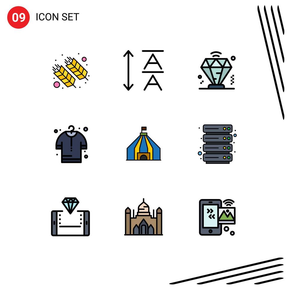 Piktogramm-Set aus 9 einfachen, gefüllten, flachen Farben von Hosting-Zirkus-Diamant-Zelten, die editierbare Vektordesign-Elemente einkaufen vektor