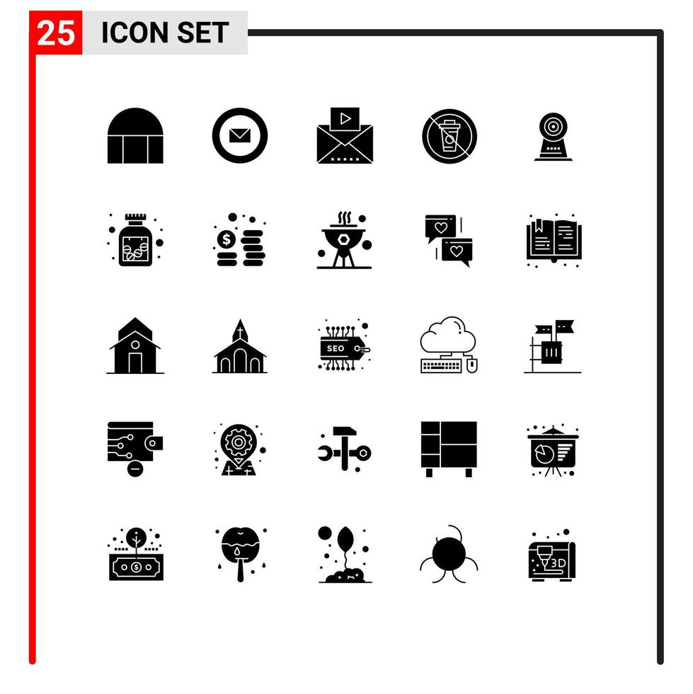 Solides Glyphenpaket mit 25 universellen Symbolen für Kamera ohne Nachricht und bearbeitbaren Vektordesignelementen vektor