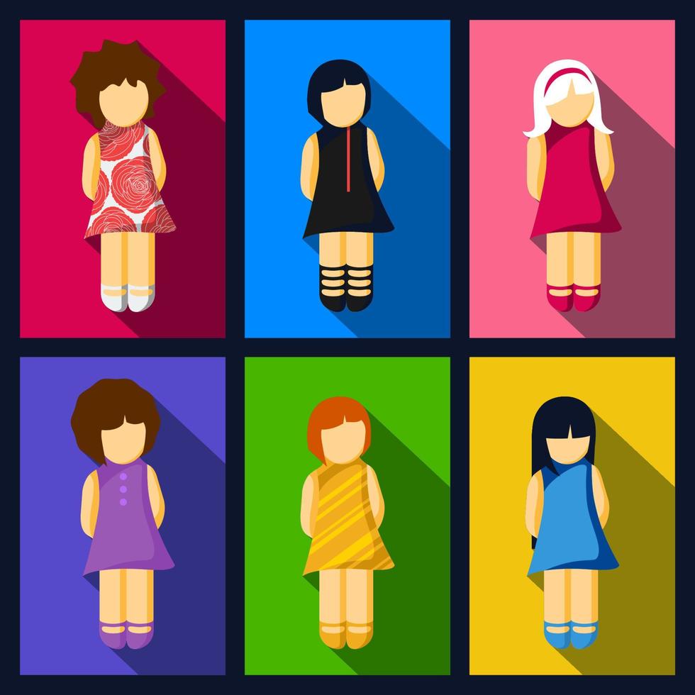 uppsättning av flickor platt ikoner med olika färgrik klänningar och frisyrer för social nätverk vektor