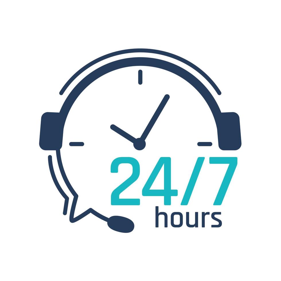 24 timme service icon.headphone prata Stöd över de telefon till rådfråga kund problem. vektor