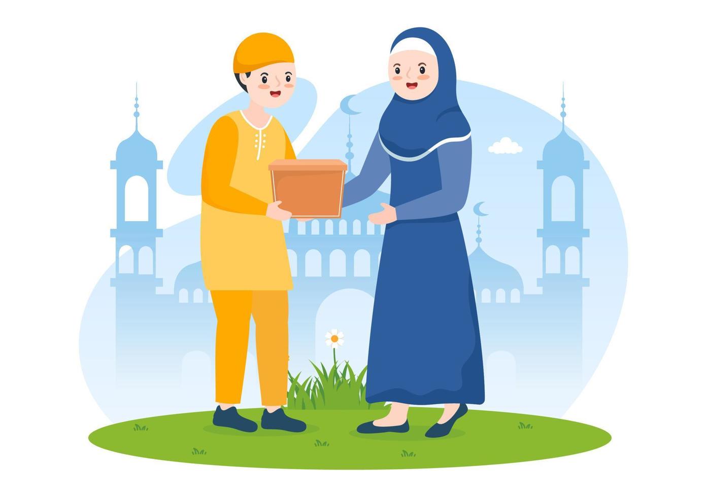 muslim människor ger allmosa, zakat eller infaq donation till en person vem behöver den i platt tecknad serie affisch hand dragen mallar illustration vektor