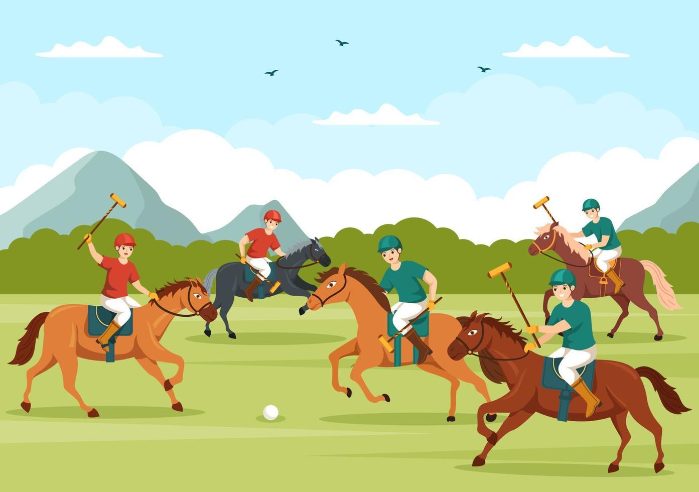 polo-pferdesport mit spieler, der pferd reitet und stick-gebrauchsausrüstung hält, die in flache gezeichnete schablonenillustration des cartoon-plakats hand gesetzt wird vektor