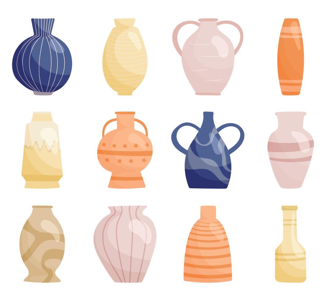uppsättning av Färg vektor isolerat modern vaser för växter och blommor, interiör dekorationer av olika former och storlekar. samling av keramisk Produkter på en vit bakgrund, antik fartyg och koppar.
