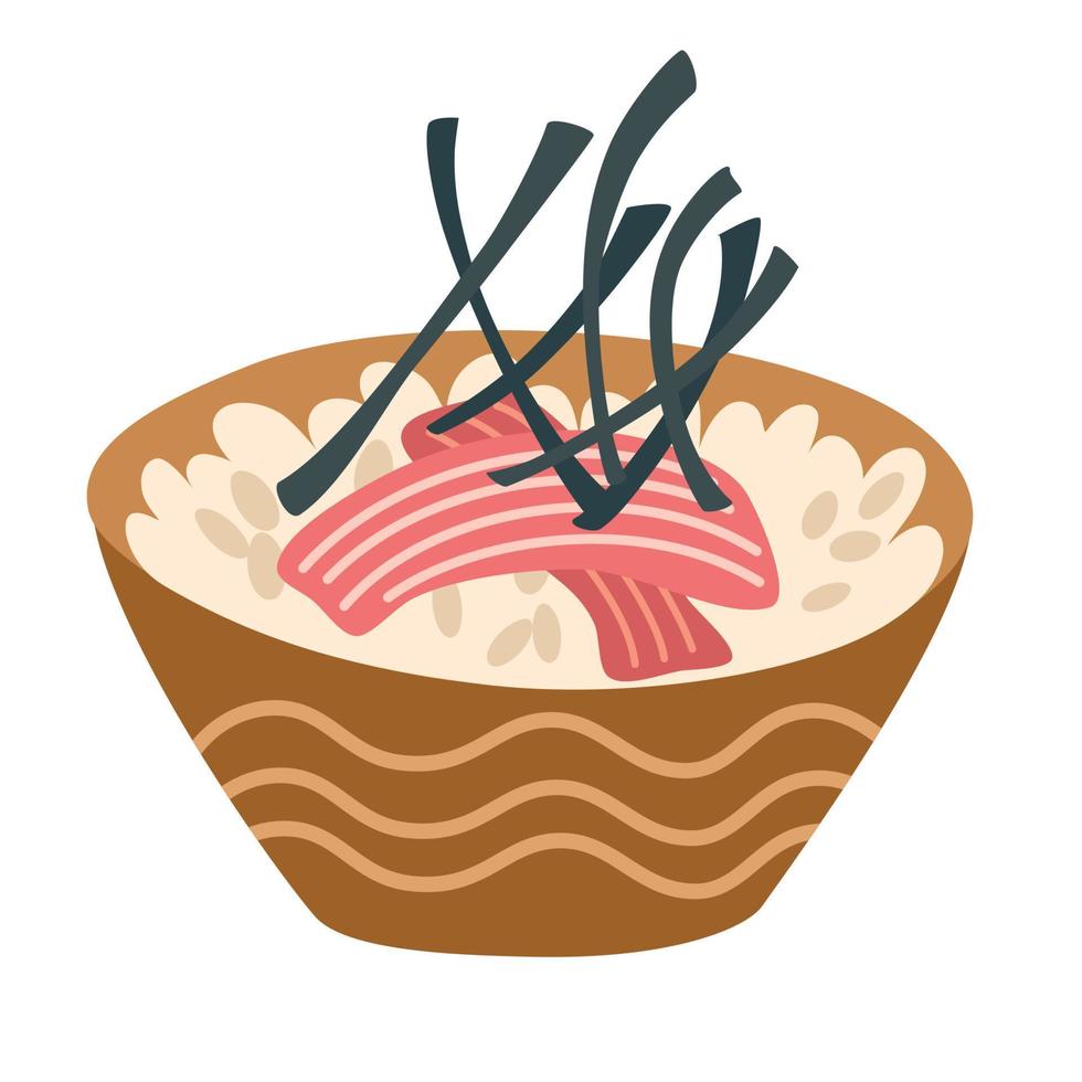 Poke Bowl mit Reis, Gemüse, Ei, Fleisch, Fisch, Garnelen und Algen. asiatisches Essen. perfekt für Restaurant-Cafés und Druckmenüs. Vektor-Hand zeichnen Cartoon-Illustration. vektor