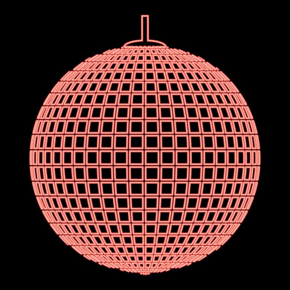 Neon-Disco-Kugel aufgehängt auf Linie Seil Diskothekenball Retro-Nachtclubs Symbolkonzept nostalgische Party rote Farbe Vektor-Illustrationsbild flacher Stil vektor