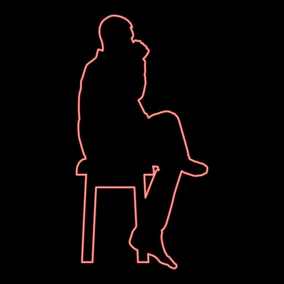 neon man dricka från råna Sammanträde på pall med korsade ben begrepp koppla av röd Färg vektor illustration bild platt stil