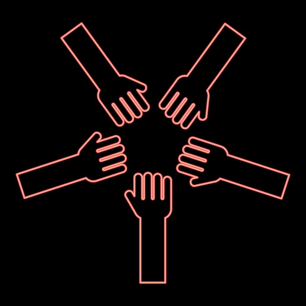 neon fem händer grupp vapen många händer ansluter öppen palmer människor sätta deras händer tillsammans stack händer begrepp enhet röd Färg vektor illustration bild platt stil