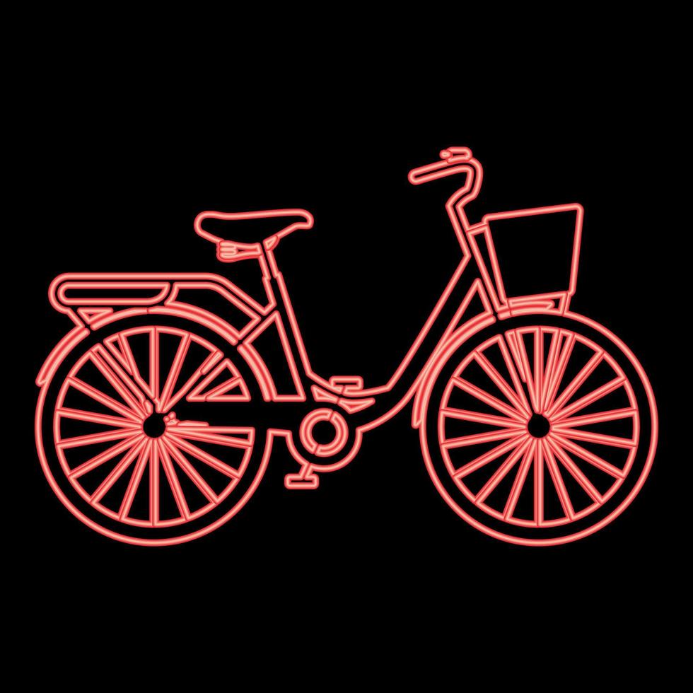 neon kvinnas cykel med korg kvinnor strand kryssare cykel årgång cykel korg damer väg cruising röd Färg vektor illustration bild platt stil