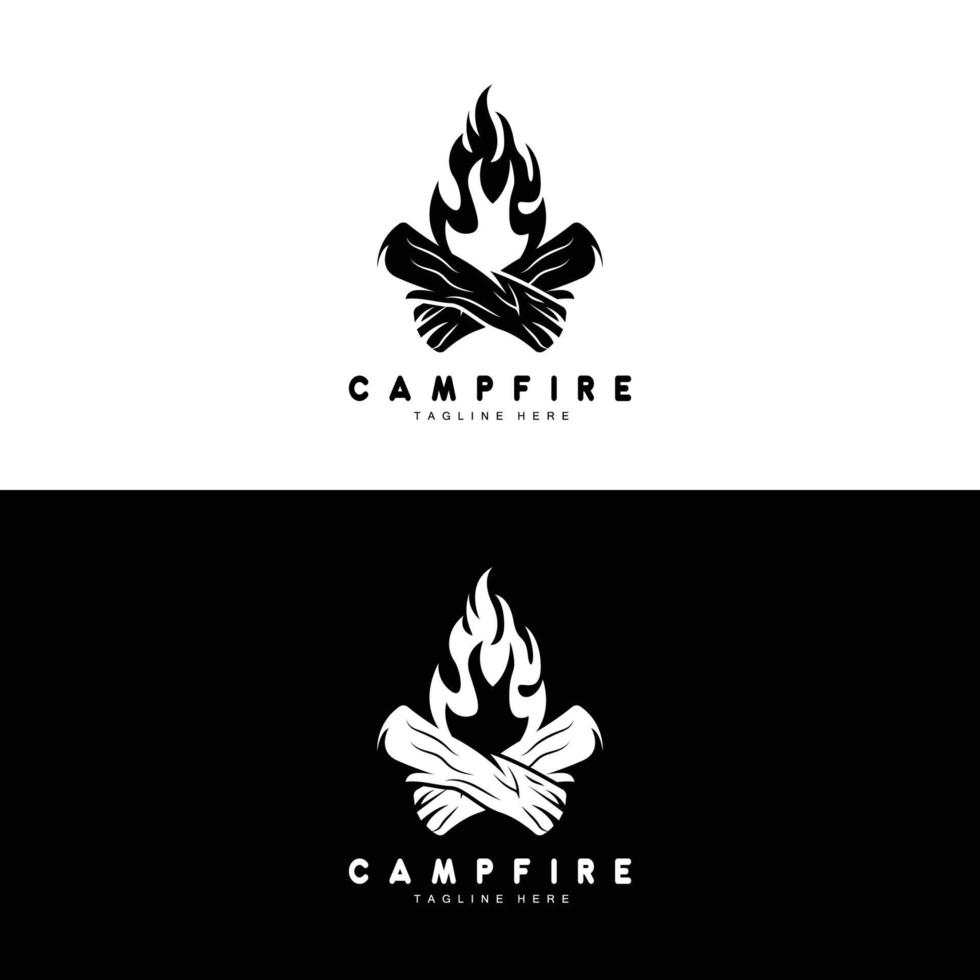 lägereld logotyp design, camping vektor, trä brand och skog design vektor