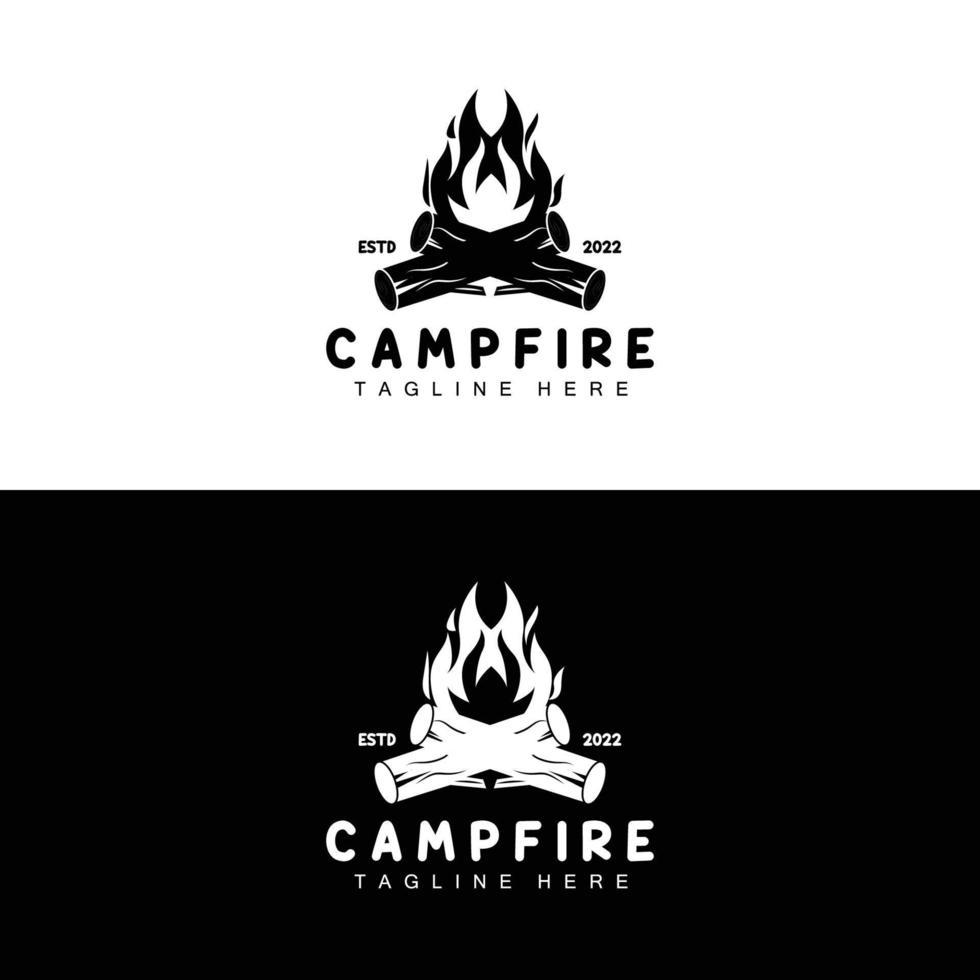 Lagerfeuer-Logo-Design, Camping-Vektor, Holzfeuer und Walddesign vektor