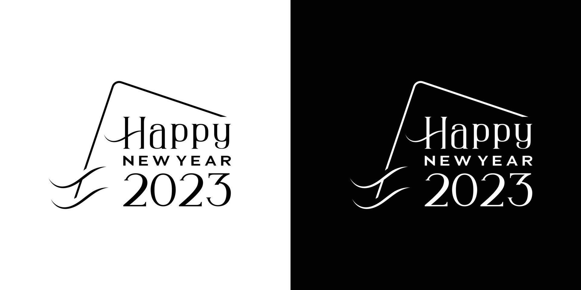 frohes neues jahr 2023 logo. abstrakte handgezeichnete kreative Kalligrafie-Vektor-Logo-Design. 2023 Neujahrs-Schwarz-Weiß-Logo vektor