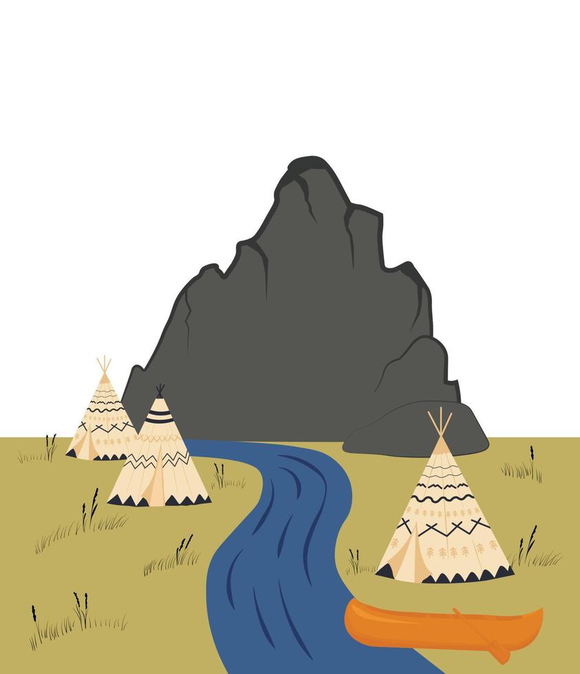 Wild-West-Plakat. Berglandschaft. Wigwam, Zelt, Heimat der amerikanischen Ureinwohner. ein Fluss und ein Kajakboot mit Paddel. Vektor-Illustration eines Kanus. vektor