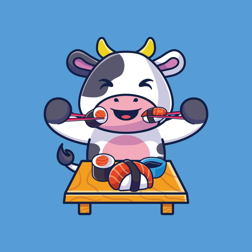 söt ko äter sushi med ätpinnar tecknad serie ikon illustration vektor