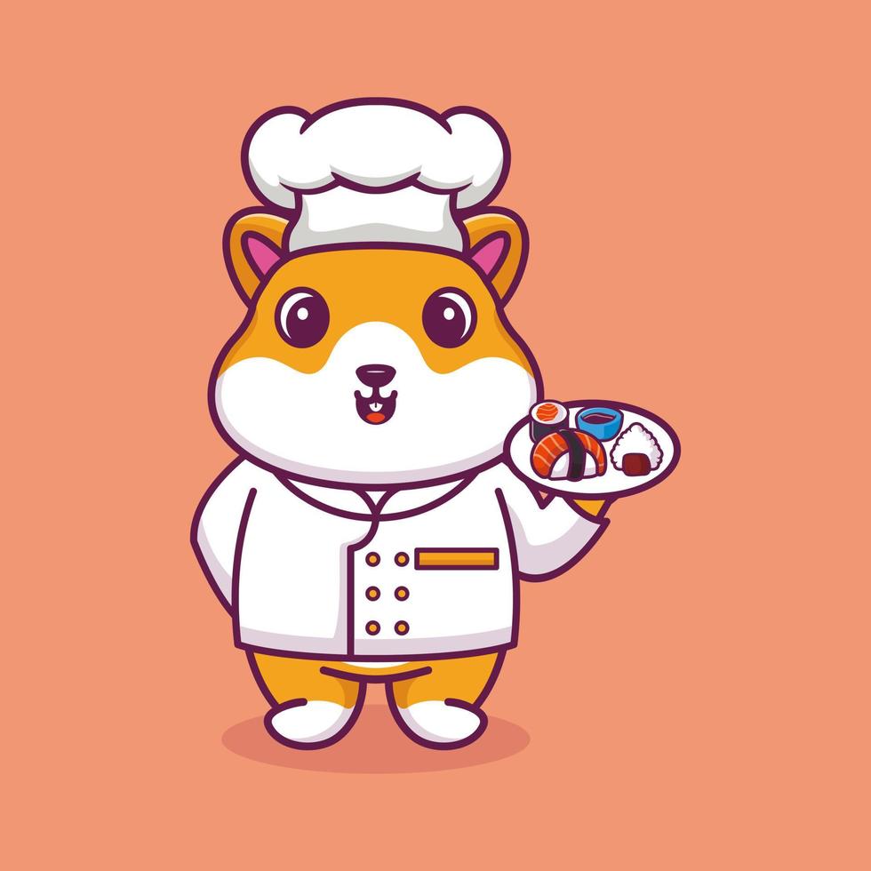 vektor hamster koch maskottchen logo cartoon niedlich kreativ kawaii. süße tierillustration mit sushi-essen