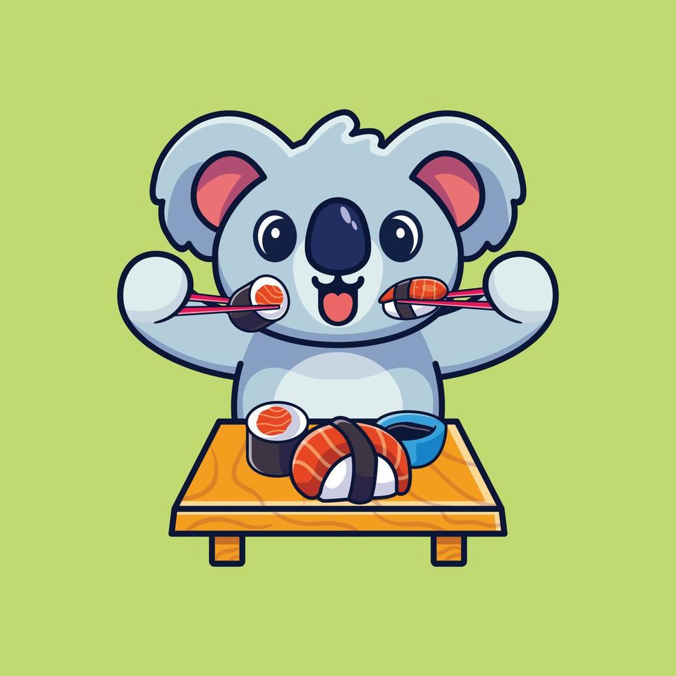 niedlicher koala, der sushi mit stäbchen-karikaturikonenillustration isst vektor