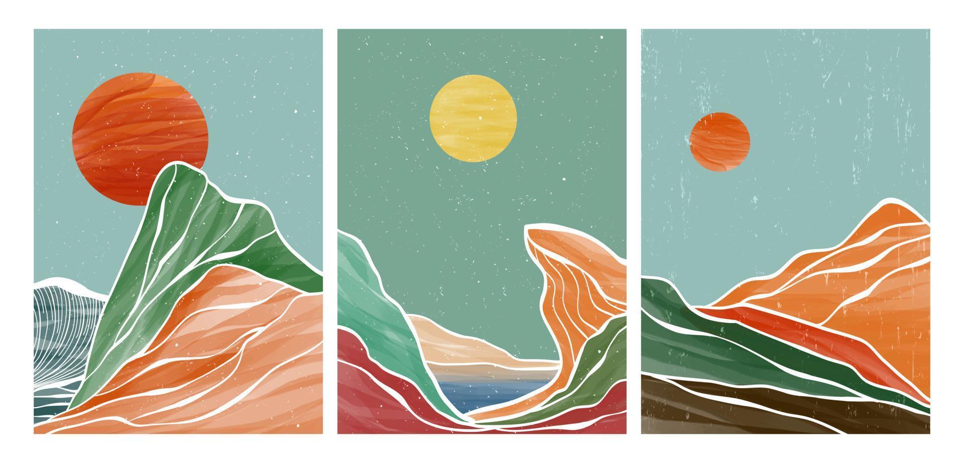 uppsättning av bergslandskap med akvarell pensel och linjekonst. abstrakt berg samtida estetiska bakgrunder landskap. vektor illustrationer