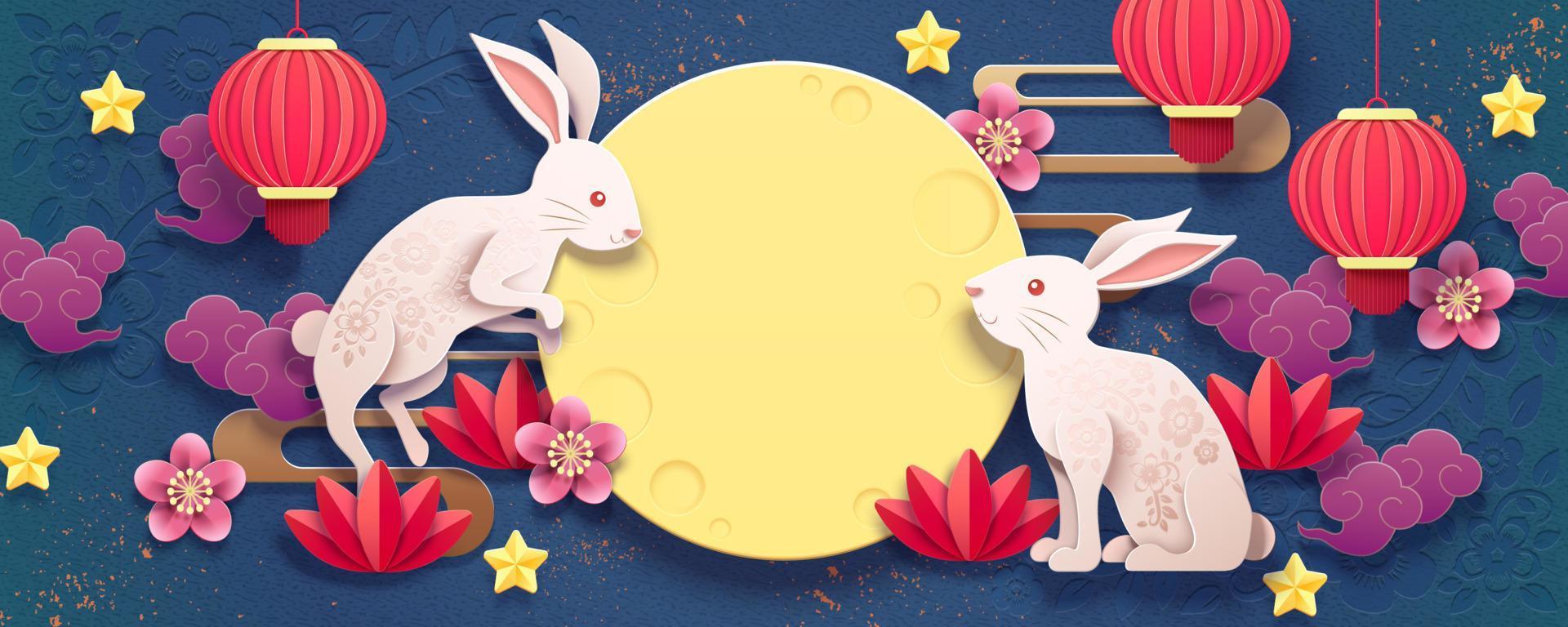 Happy Mid Autumn Festival Banner Design mit Papierkunstkaninchen und roten Laternen auf dunkelblauem Hintergrund vektor