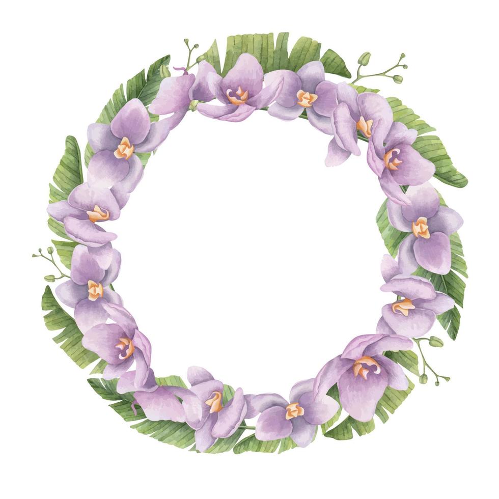 tropisk krans av vattenfärg lila orkide blommor och grön handflatan löv. hand dragen illustration av runda ram med exotisk växter på isolerat bakgrund. blommig teckning för hälsning kort vektor