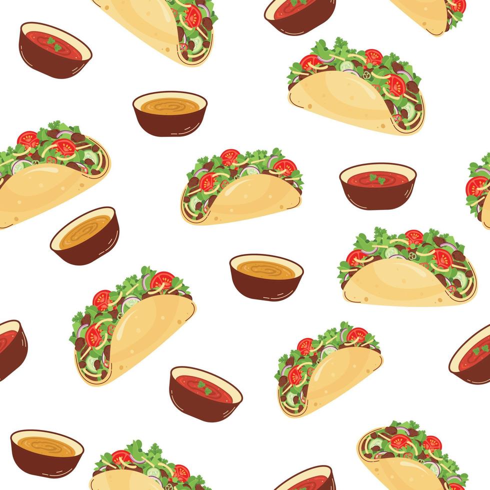 sömlös mönster med mexikansk mat. tacos med såser. latin amerikan mat på vit bakgrund. vektor illustration.