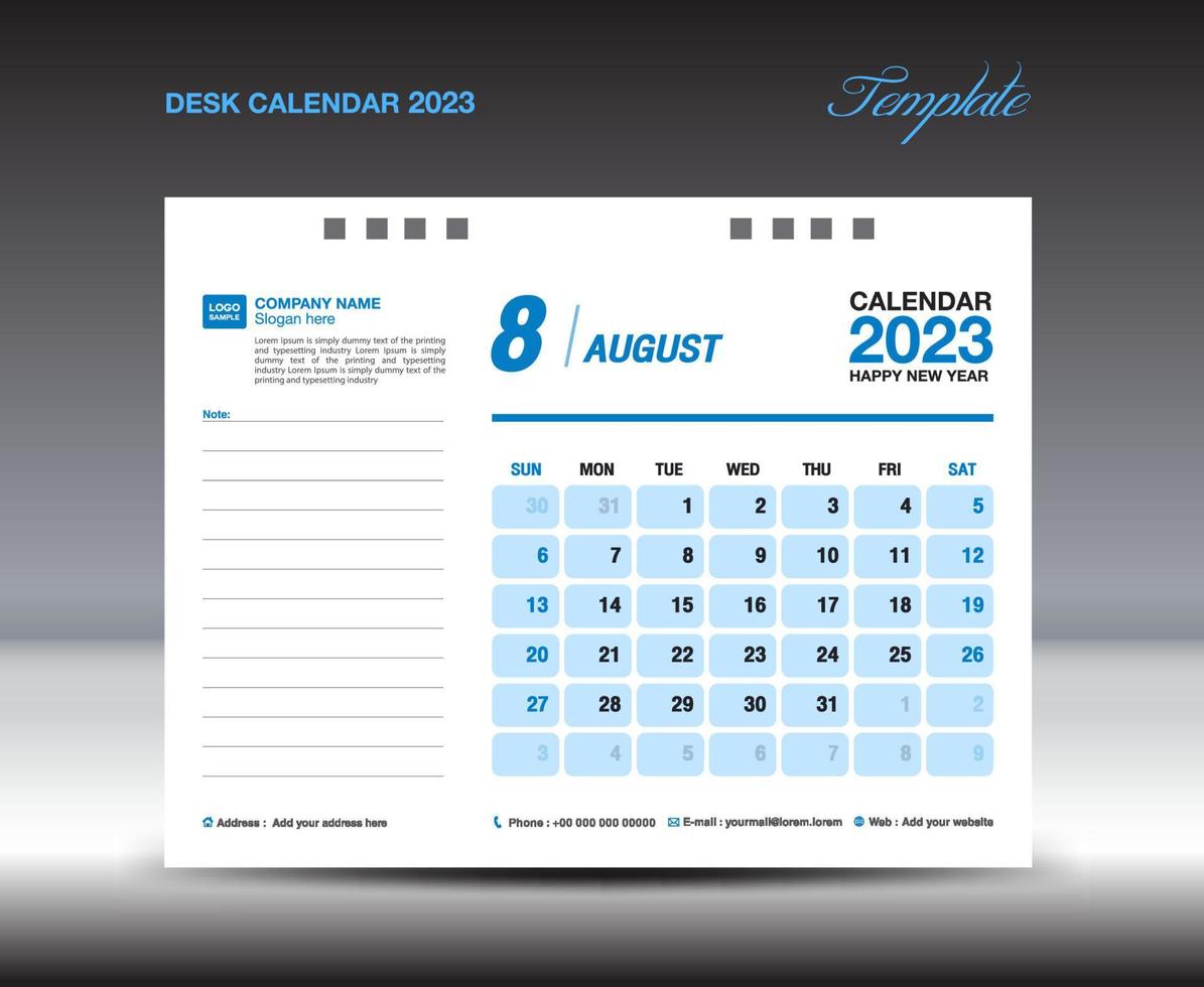 Tischkalender 2023 Design, August 2023 Vorlage, Kalender 2023 Vorlage, Planer, einfach, Wandkalender-Design, Woche beginnt am Sonntag, Druck, Werbung, blauer Hintergrund, Vektor