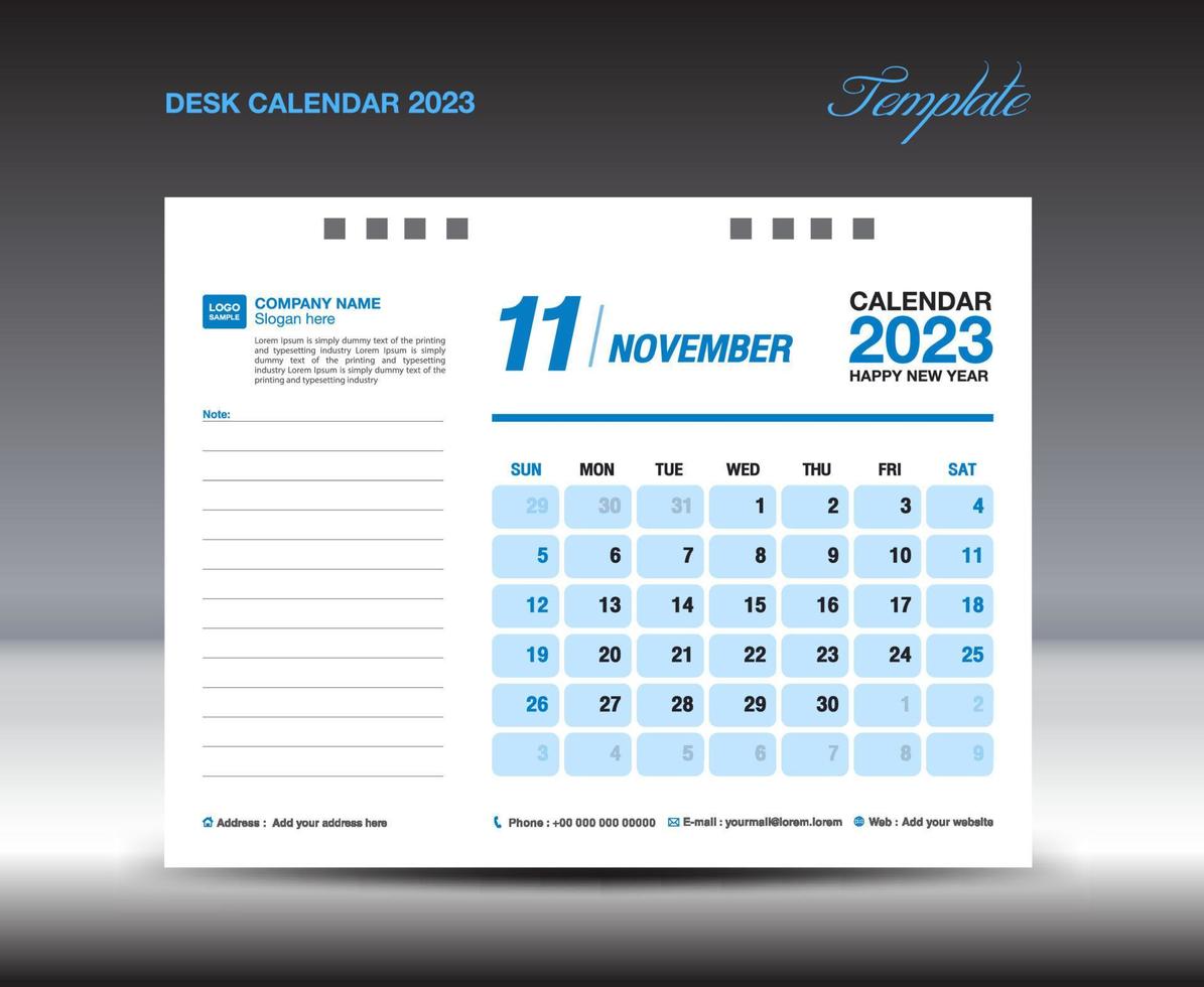 skrivbord kalander 2023 design, november 2023 mall, kalender 2023 mall, planerare, enkel, vägg kalender design, vecka börjar på söndag, utskrift, reklam, blå bakgrund, vektor