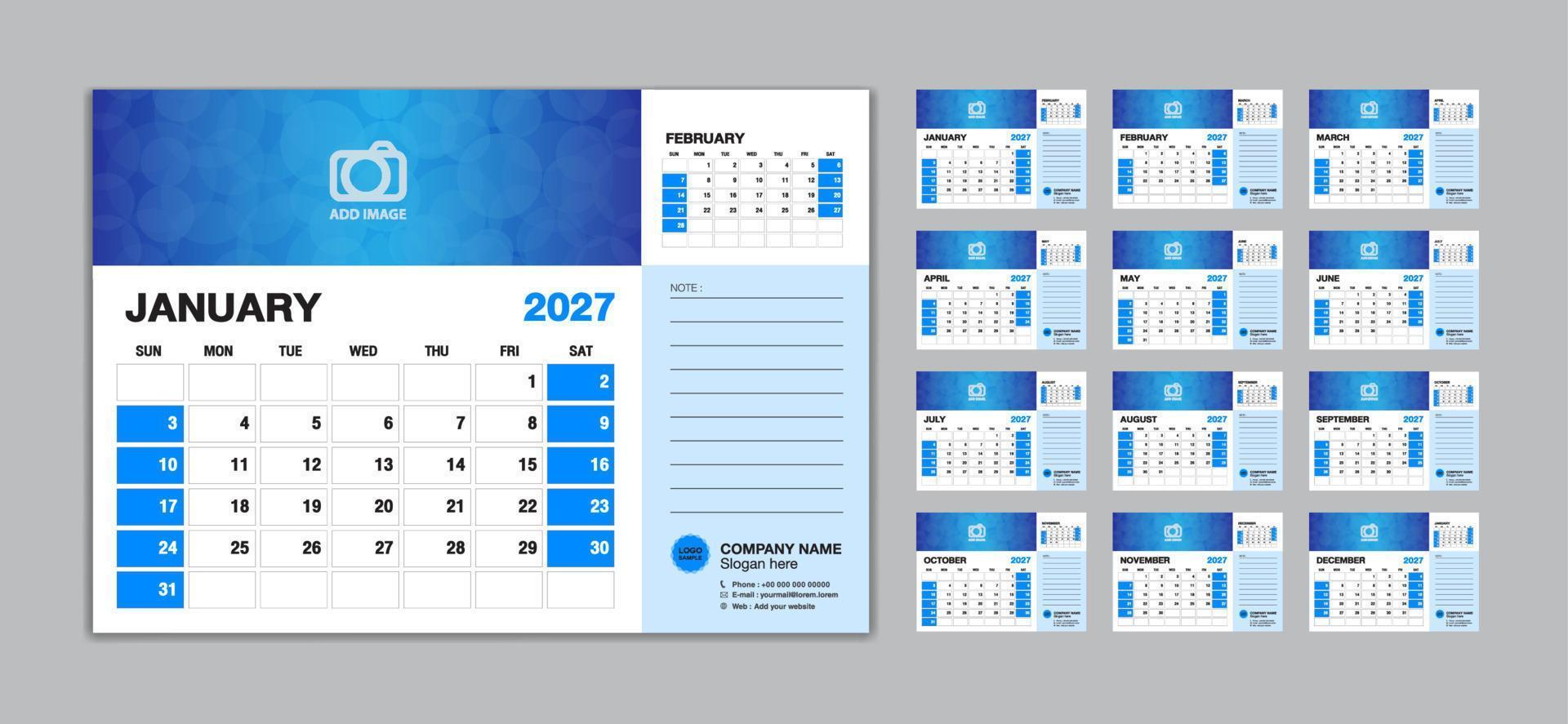 Tischkalender 2027 Vorlagensatz Vektor, Woche beginnt Sonntag, Satz von 12 Monaten, Kreativkalender 2027 Jahr, Wandkalender 2027, Planer, Geschäftsvorlage, Schreibwaren, Druckmedien, Werbung vektor