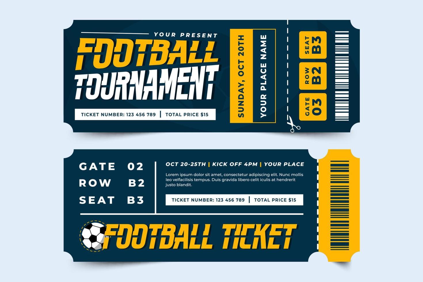 Fußballturnier-Sportereignis-Ticket-Design-Vorlage einfaches und elegantes Design vektor