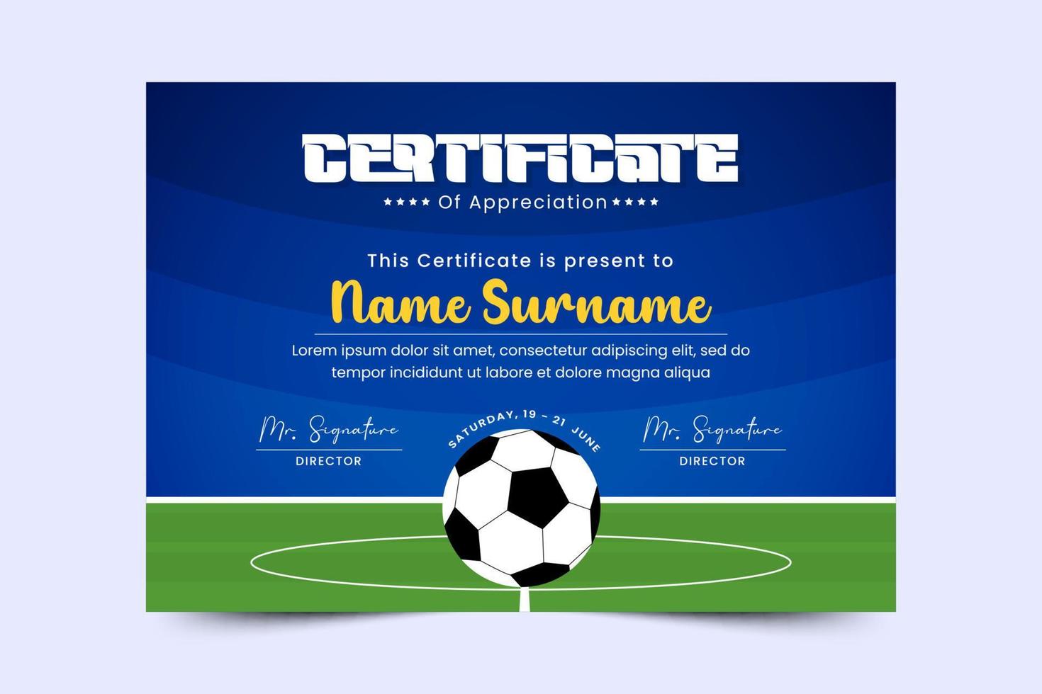 fotboll turnering sport händelse certifikat design mall lätt till skräddarsy vektor