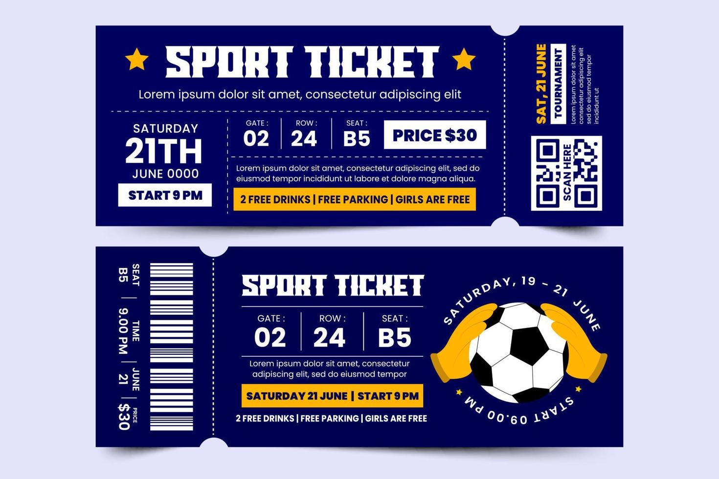 Designvorlage für Ticketgutscheine für Fußballturniere, Sportveranstaltungen, die einfach angepasst werden kann vektor