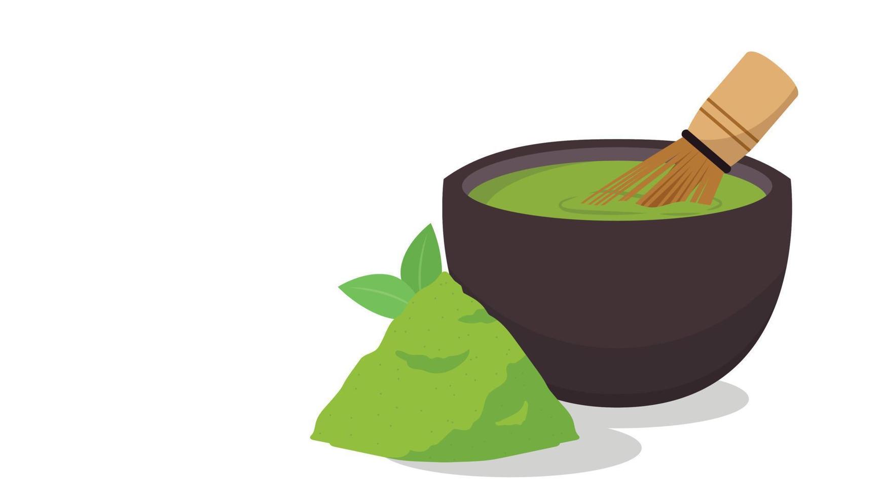 Matcha-Cup-Vektor. Grüner Tee-Vektor. Hintergrund. Plakatdesign mit grünem Tee. Tee-Schneebesen-Vektor. vektor