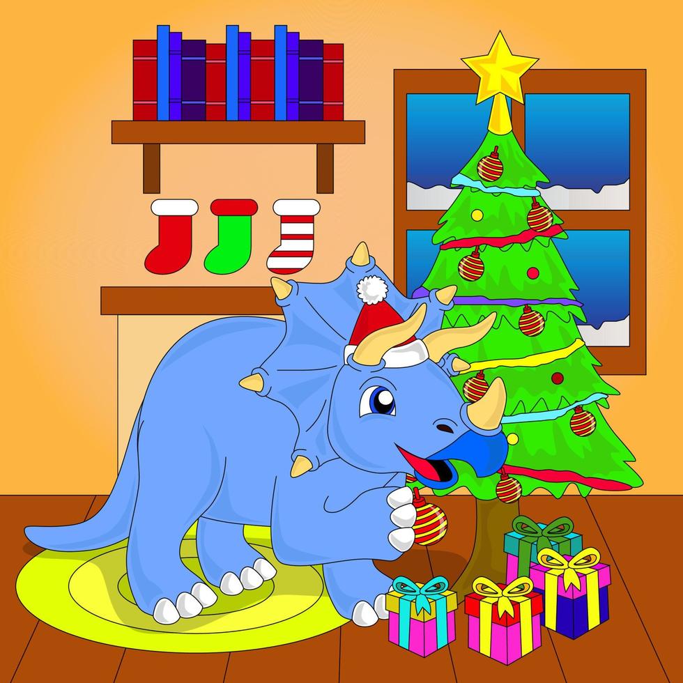 Dinosaurier öffnen Weihnachtsgeschenke, Heimszene, Weihnachtsbaum, Vektor, Folge 10, editierbar vektor