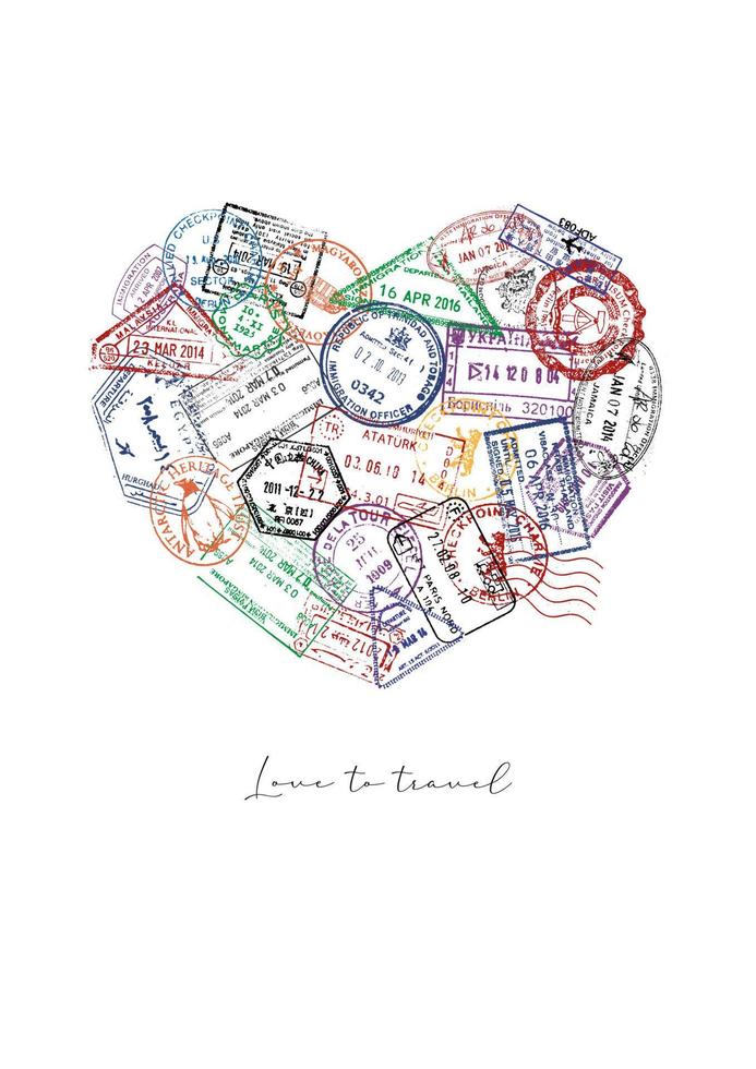 hjärta tillverkad från en pass frimärken annorlunda länder med text kärlek till resa vektor