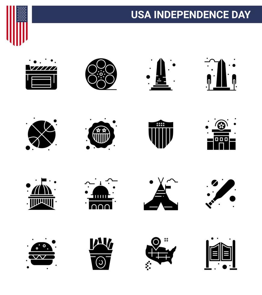 4:e juli USA Lycklig oberoende dag ikon symboler grupp av 16 modern fast glyfer av säkerhet dag monument sporter basketboll redigerbar USA dag vektor design element