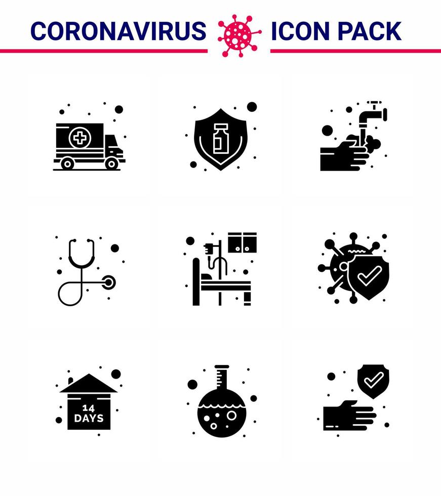 Symbol für Coronavirus-Vorsichtstipps für die Präsentation von Gesundheitsrichtlinien 9 Solid Glyph Black Icon Pack wie Bed Healthcare Bottle Diagnose Wasser Virus Coronavirus 2019nov Disease Vector Design