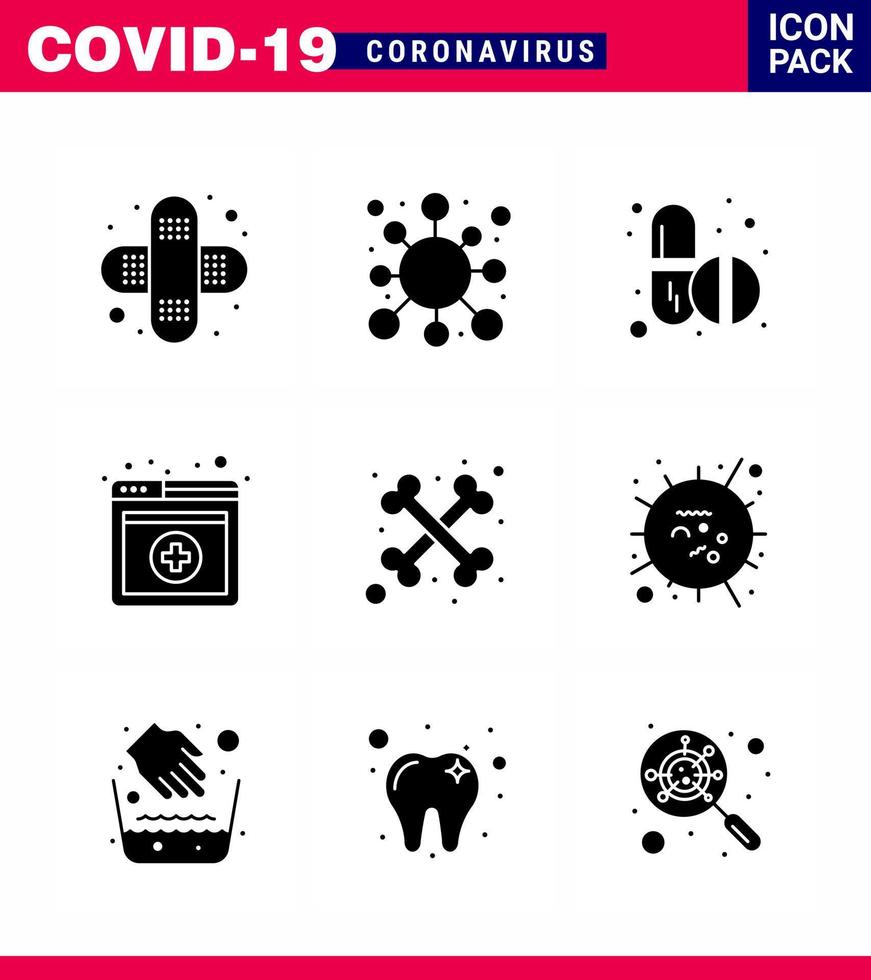 Coronavirus-Bewusstseinssymbol 9 solide Glyphe schwarze Symbole Symbol enthalten Skelettknochen medizinische Dienstleistungen medizinische virale Coronavirus 2019nov-Krankheitsvektor-Designelemente vektor
