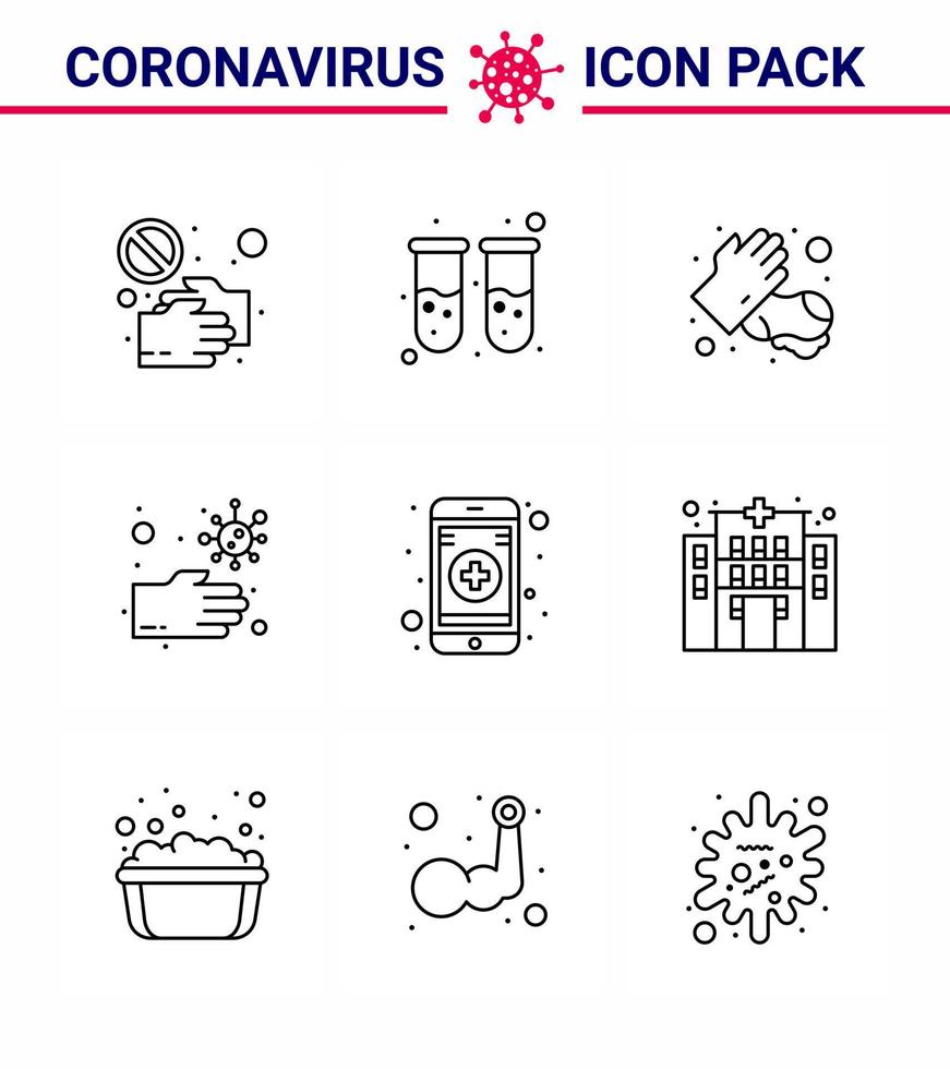 Corona-Virus 2019 und 2020 Epidemie 9-Zeilen-Icon-Pack wie ungesunde schmutzige Reagenzglasbakterien medizinische virale Coronavirus 2019nov-Krankheitsvektor-Designelemente vektor
