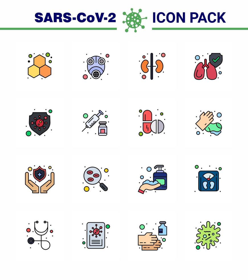 16 flache, farbig gefüllte Linien Coronavirus covid19 Icon Pack wie Schildschutzvirus sauberer Schutz viraler Coronavirus 2019nov-Krankheitsvektor-Designelemente vektor