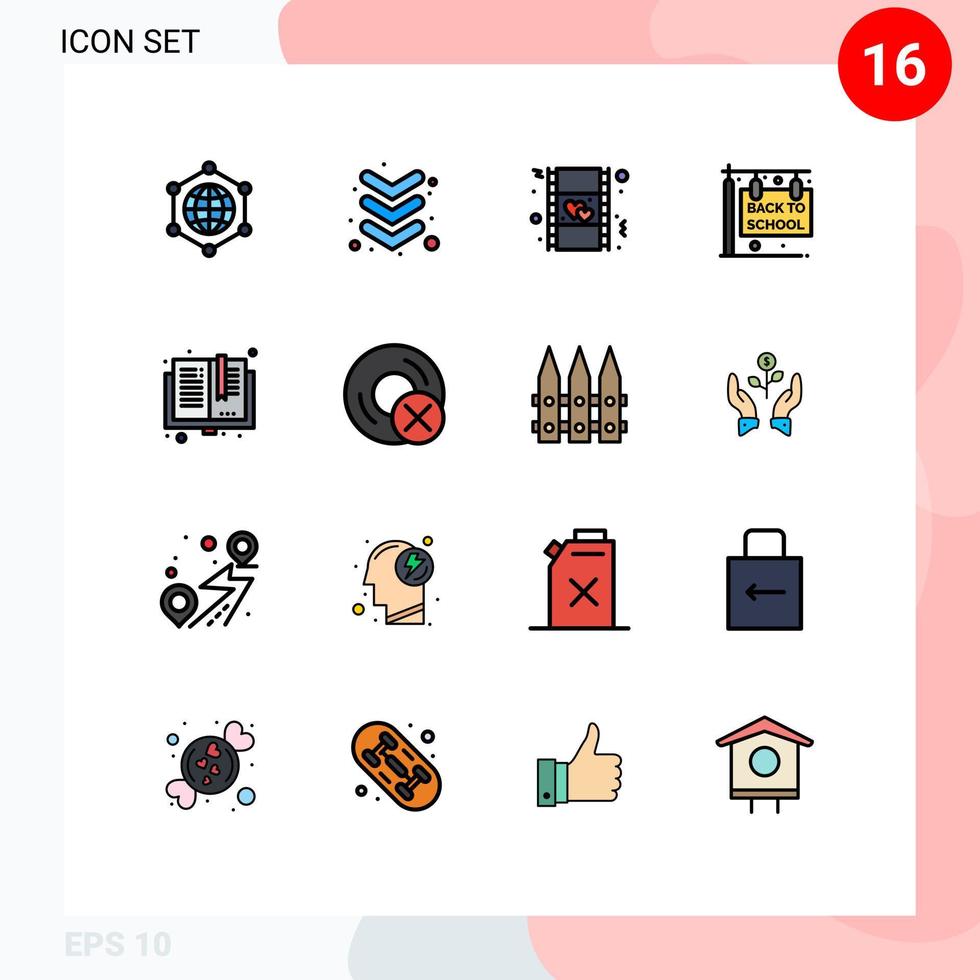 mobil gränssnitt platt Färg fylld linje uppsättning av 16 piktogram av bibliotek böcker kärlek tillbaka till skola hängande tecken redigerbar kreativ vektor design element