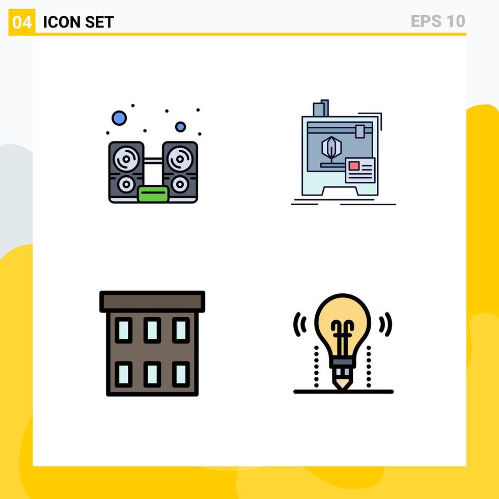 modern uppsättning av 4 fylld linje platt färger pictograph av dator byggnader högtalare skrivare företag redigerbar vektor design element