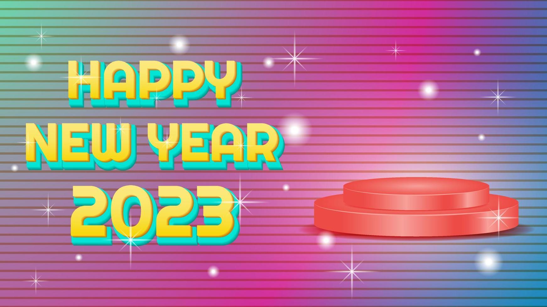 3D-Texteffekt, rotes Podium und farbenfrohes Hintergrunddesign für ein frohes neues Jahr 2023. einfaches und elegantes Konzept. Verwendung für Werbung, Begrüßung und Werbung vektor