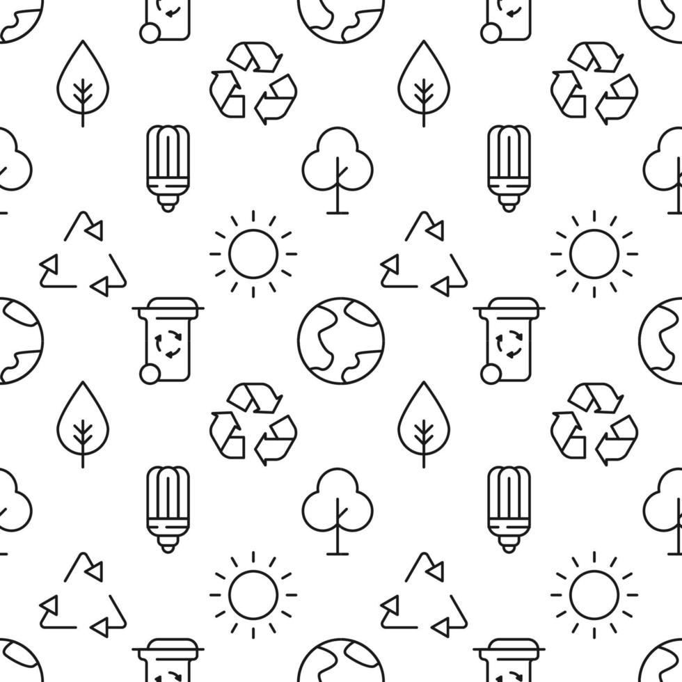 Muster aus Blatt, Glühbirne, Recycling, Mülleimer, Sonne, Baum aus verschiedenen Liniensymbolen. perfekt für Websites, Verpackungen, Druck auf verschiedenen Umschlägen vektor