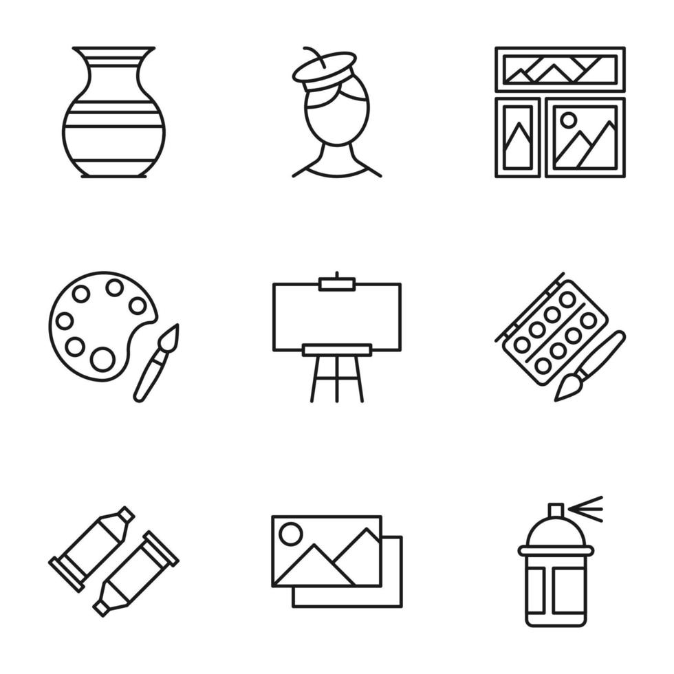 samling av nio linje ikoner av vas, konstnär, bild, färga, staffli, ballong, bild för butiker, butiker, annonser, appar, ui. minimalistisk redigerbar stroke vektor