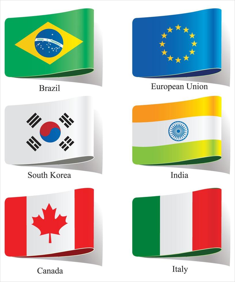 Flaggen der Welt, Asiens und Europas, flache Ikonen des Vektoretiketts. 2022-Versionen von Flaggen vektor