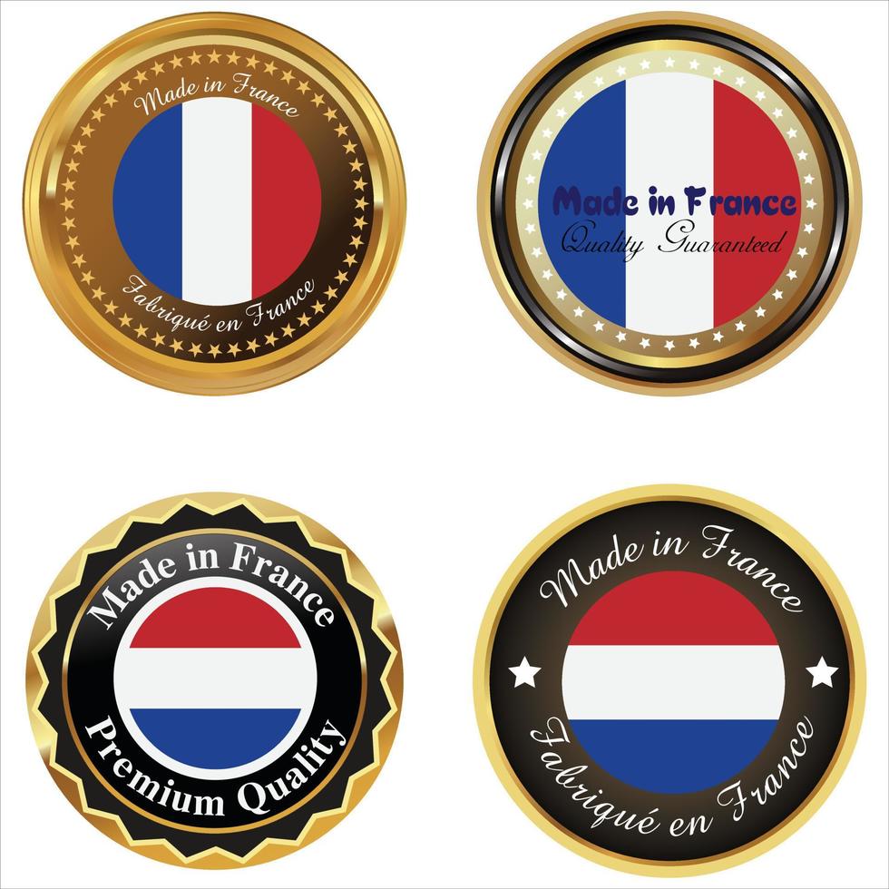 tillverkad i Frankrike märka och ikon med band och central glansig franska flagga symbol. annorlunda bricka färger isolerat på vit bakgrund. vektor