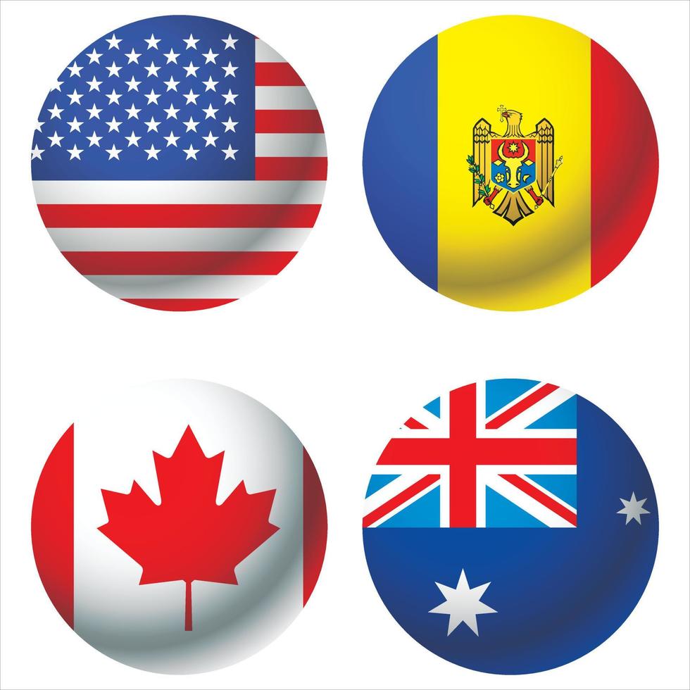 Abbildung vieler Ikonen verschiedener Länder. Flaggen der Welt. 3D Kugeldesign vektor